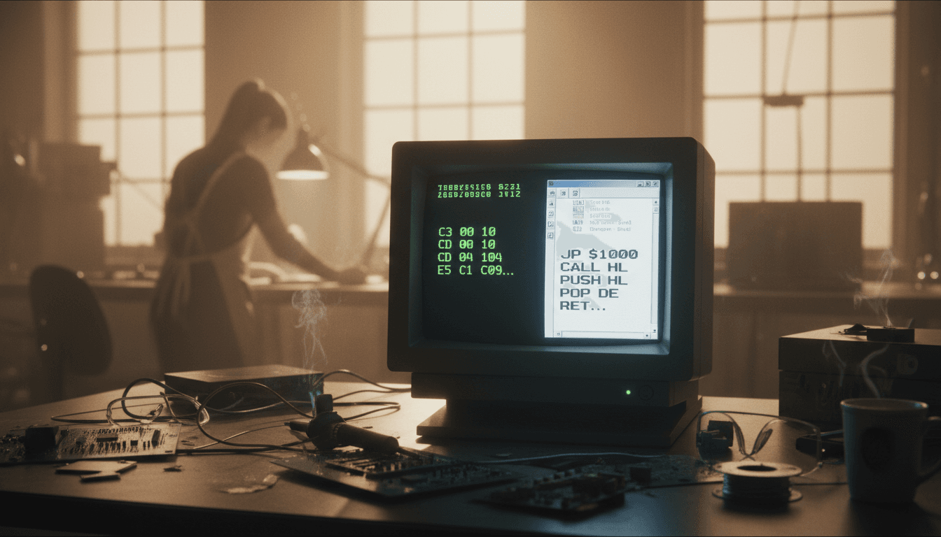 A computer screen displaying lines of Z80 machine code alongside a word processor window where the text, when Z80 Sans is applied, shows clearly readable assembly mnemonics, illustrating disassembling opcodes with a font.