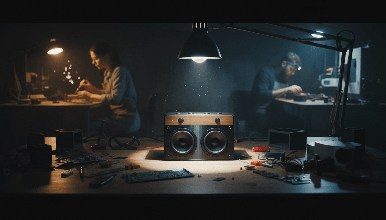 A custom-built Bluetooth speaker, part of a unique Bluetooth speaker build, sitting on a workbench with tools.