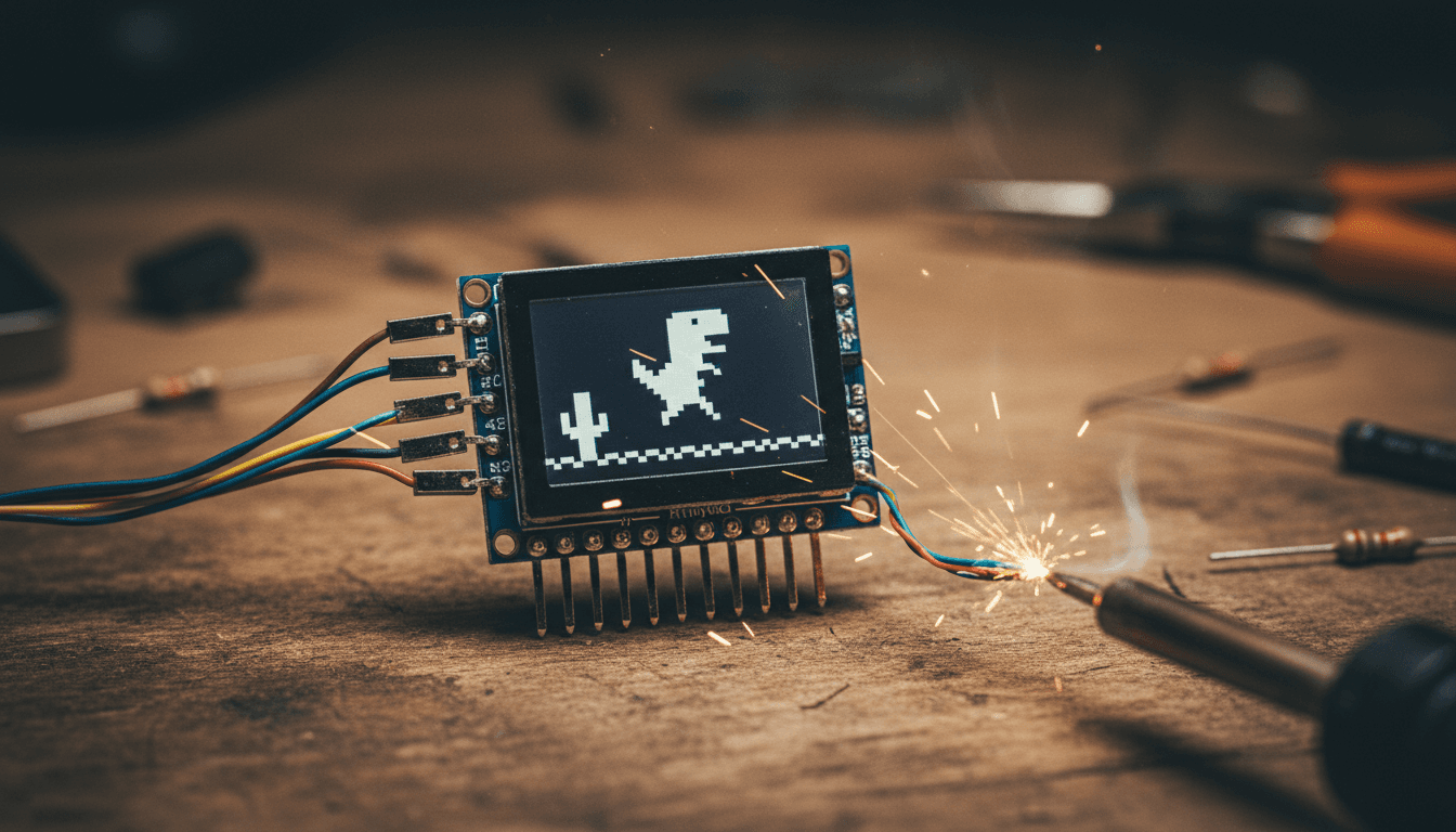 An ATtiny85 microcontroller chip connected to a small OLED screen displaying the pixelated graphics of the Chrome Dinosaur Game, with tiny wires connecting components.