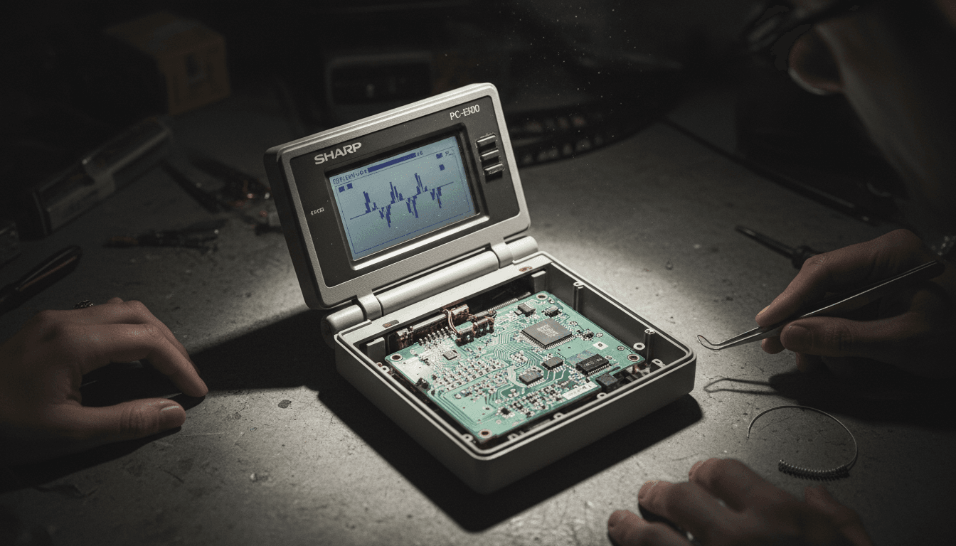 An aerial view of a vintage Sharp PC-E500 personal computer, highlighting its small screen and keyboard, illustrating its capacity for polyphonic tunes on Sharp PC-E500.