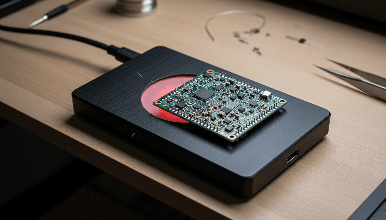 A compact USB PD reflow plate with a PCB being heated, demonstrating portable electronics assembly.