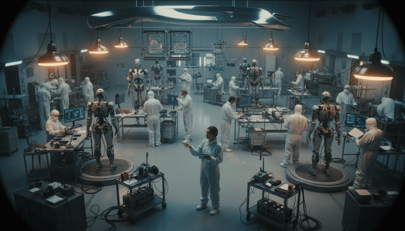An advanced humanoid robot prototype standing in a brightly lit research lab, showcasing the complex components involved in humanoid robotics development.