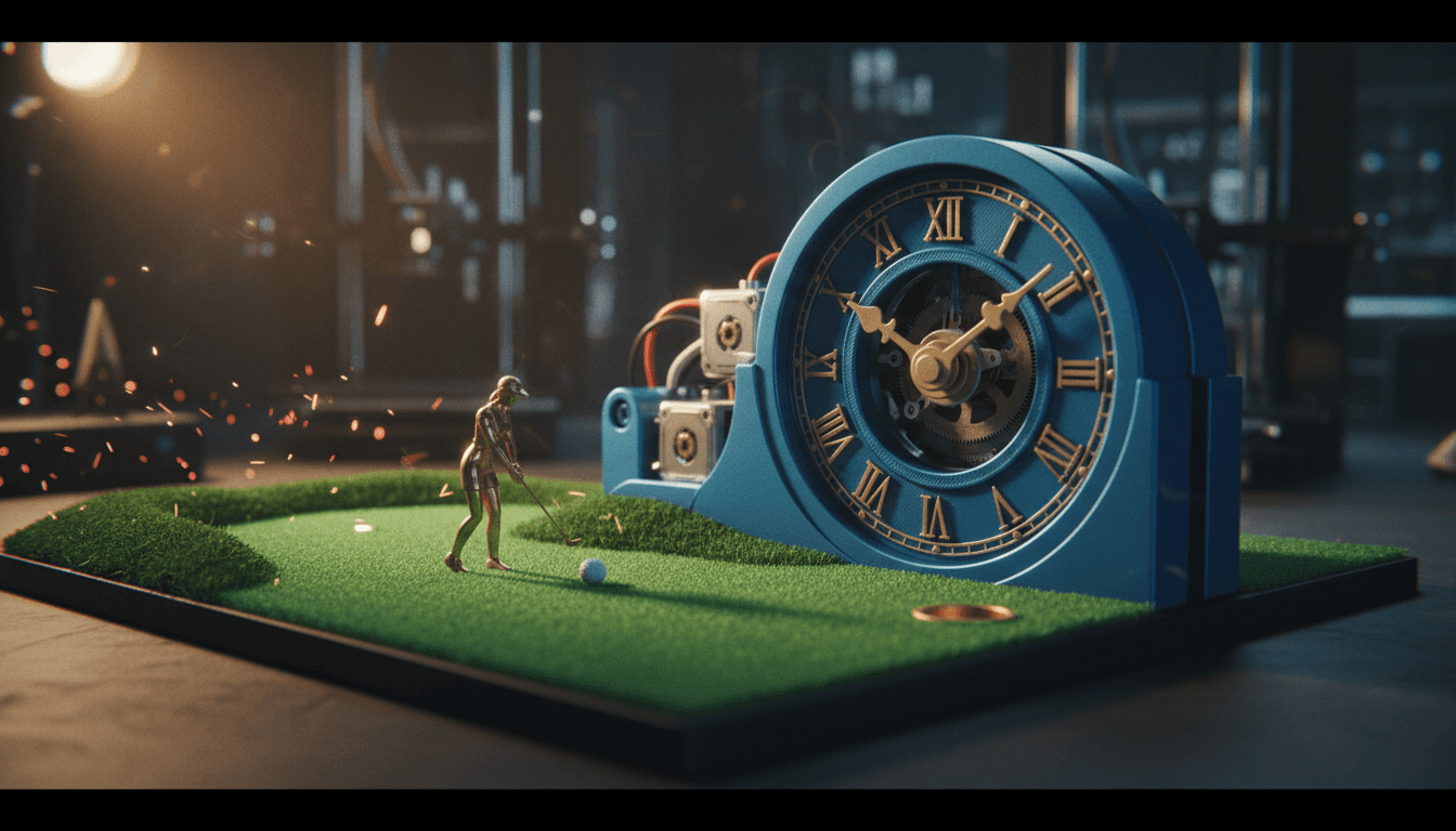 A detailed close-up of the miniature 3D printed golfer clock with the golfer poised to putt the ball on the green.