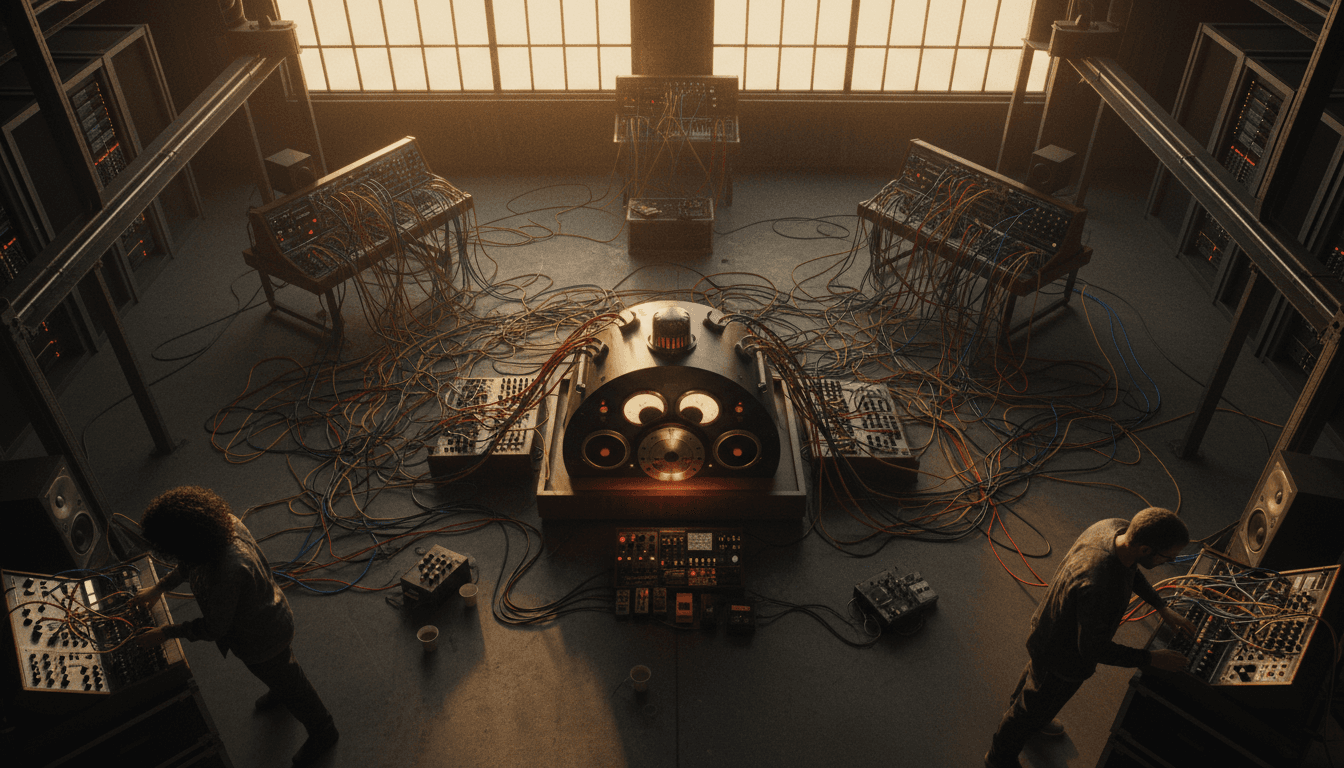 An intricate analog siren for psychedelic soundscapes, featuring a complex array of knobs, switches, and glowing lights on a sleek, dark console.