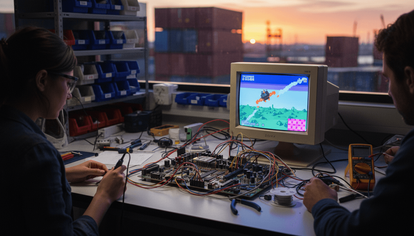 An intricate circuit board, specifically an FPGA, running a classic video game with pixelated 3DFX Voodoo lives again graphics displayed on an old CRT monitor.