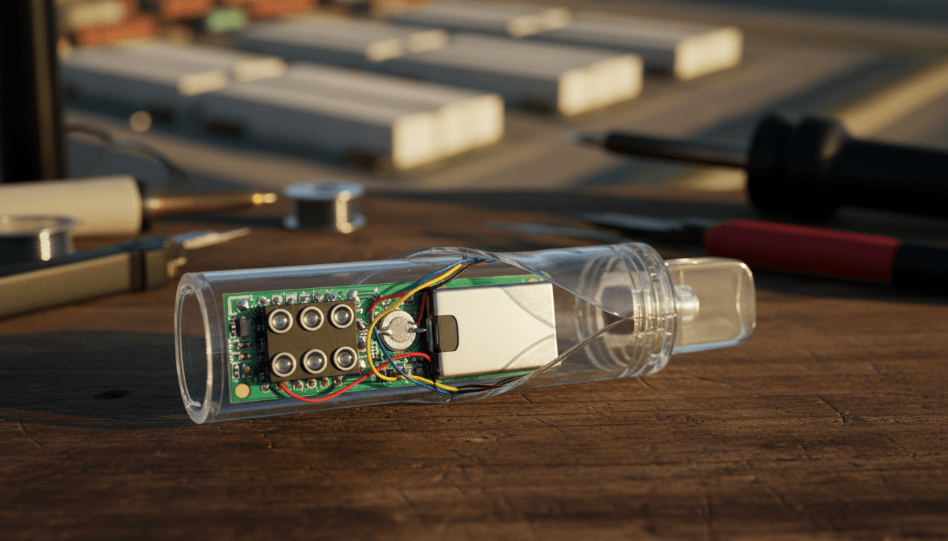 Close-up of a repurposed Disposable Vape Synth with visible wires and photoresistors