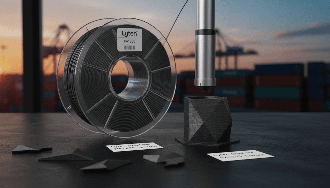 A 1 kg spool of Lyten 3D graphene filament (PA1205) being prepared for graphene filament testing on a 3D printer.