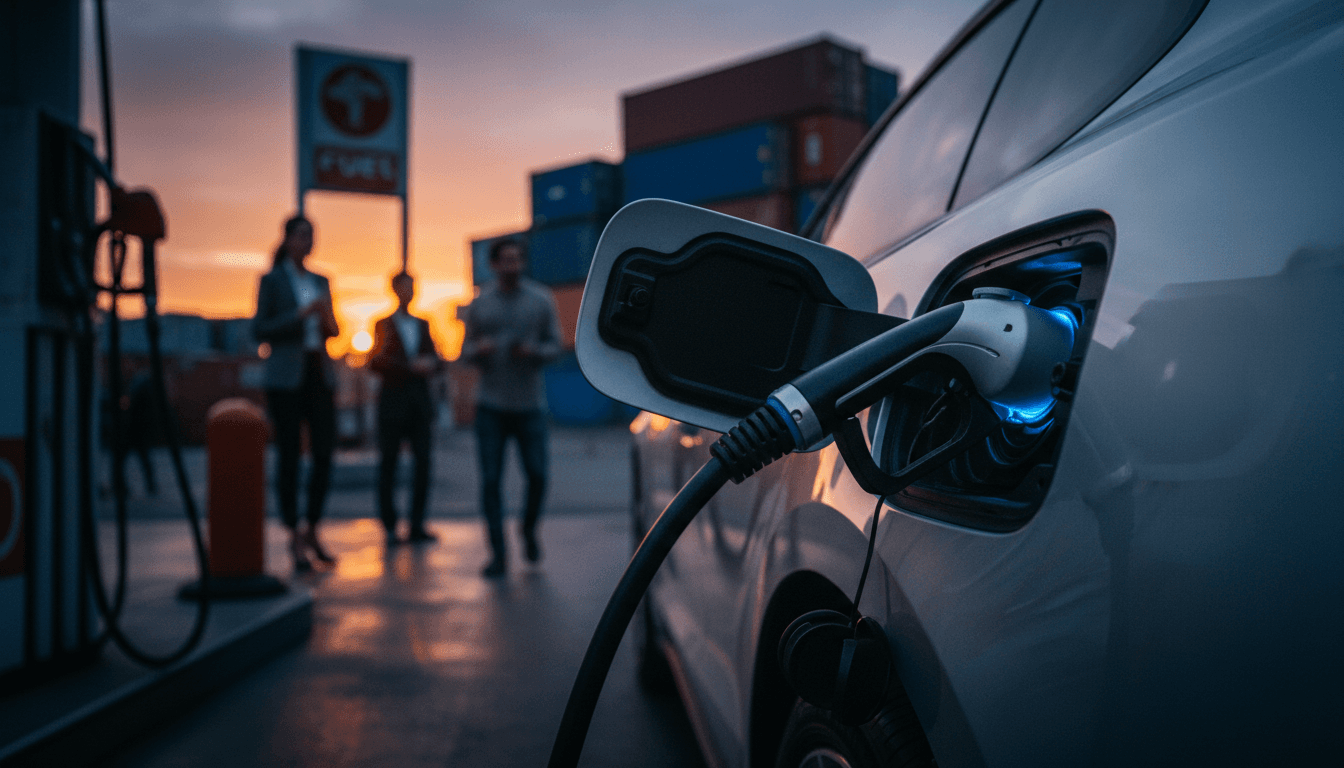A close-up of an electric vehicle charging port, glowing blue, with a fuel pump nozzle blurred in the background, symbolizing high gas prices and EVs.