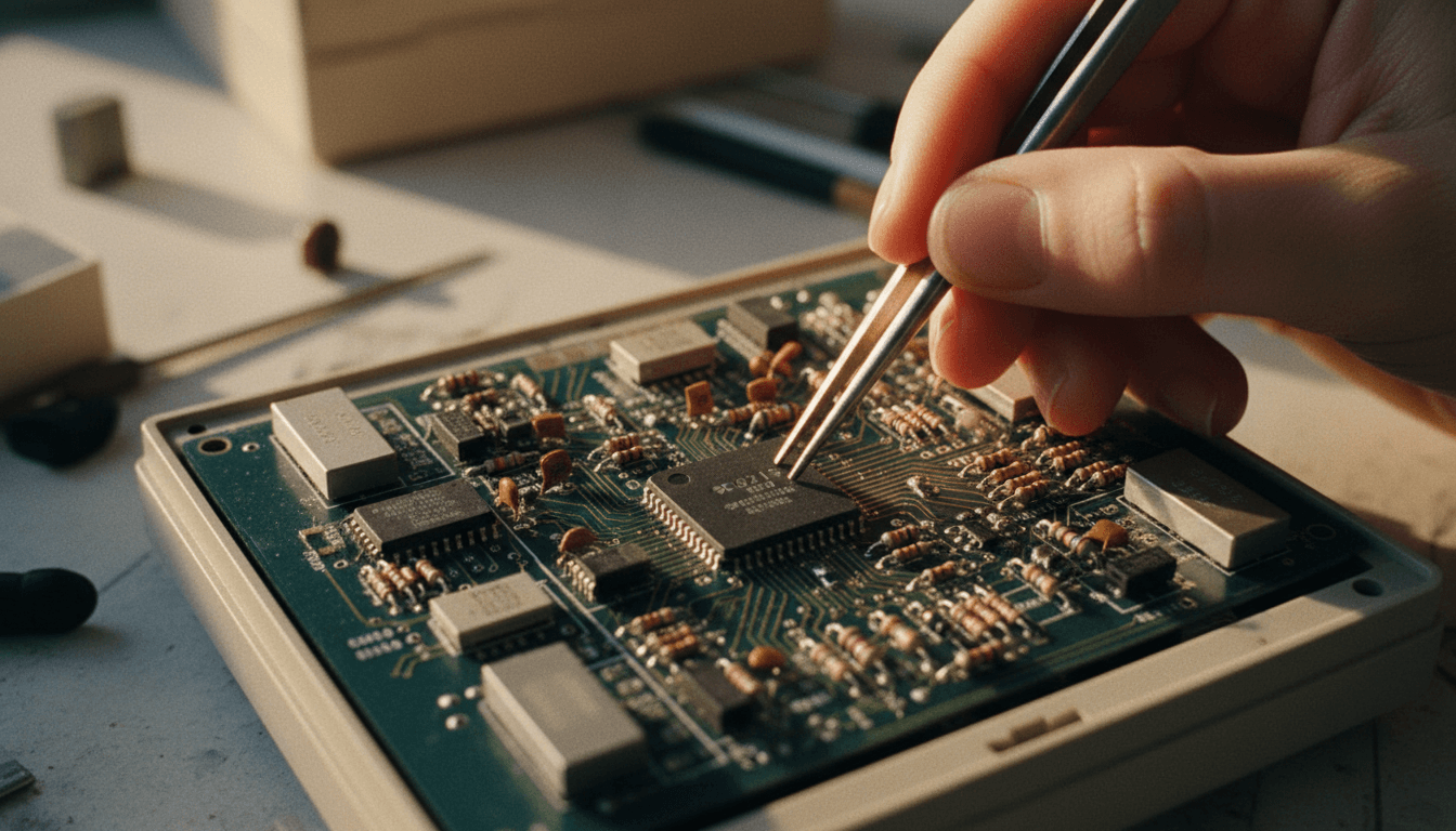 Close-up of a Sharp pocket computer's motherboard, with the SC62015 microprocessor chip clearly visible amidst other integrated circuits, highlighting the reconstructed SC62015 opcode reference.