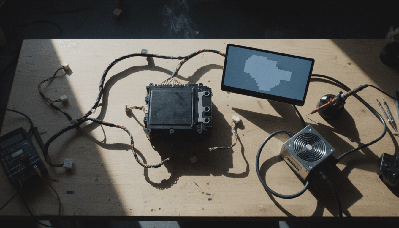 An aerial view showing the disassembled components of a Tesla Model 3 PC transformation laid out neatly on a workbench, with circuit boards, connectors, and a display screen visible.