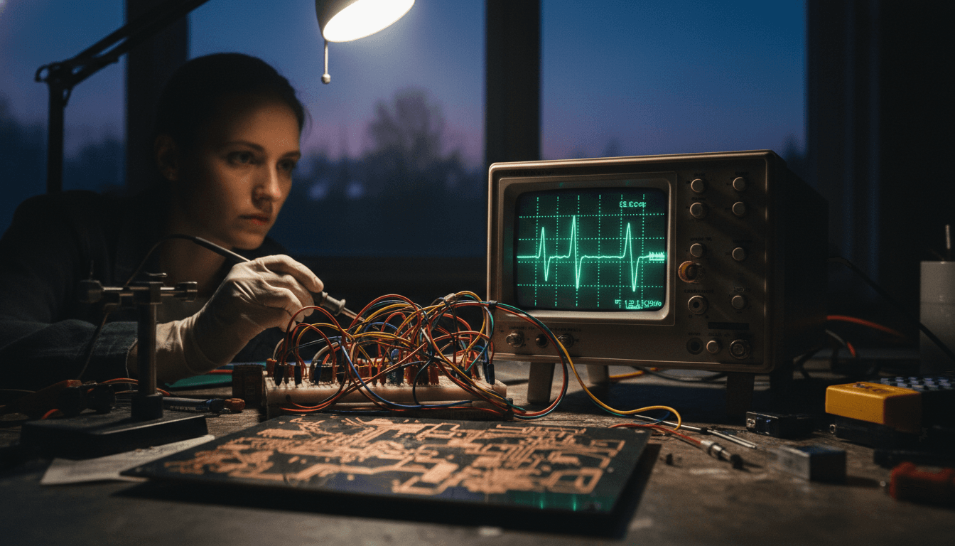 A close-up view of a circuit board with visible transmission lines and a voltage pulse trace on an oscilloscope screen, illustrating visualizing impedance matching.