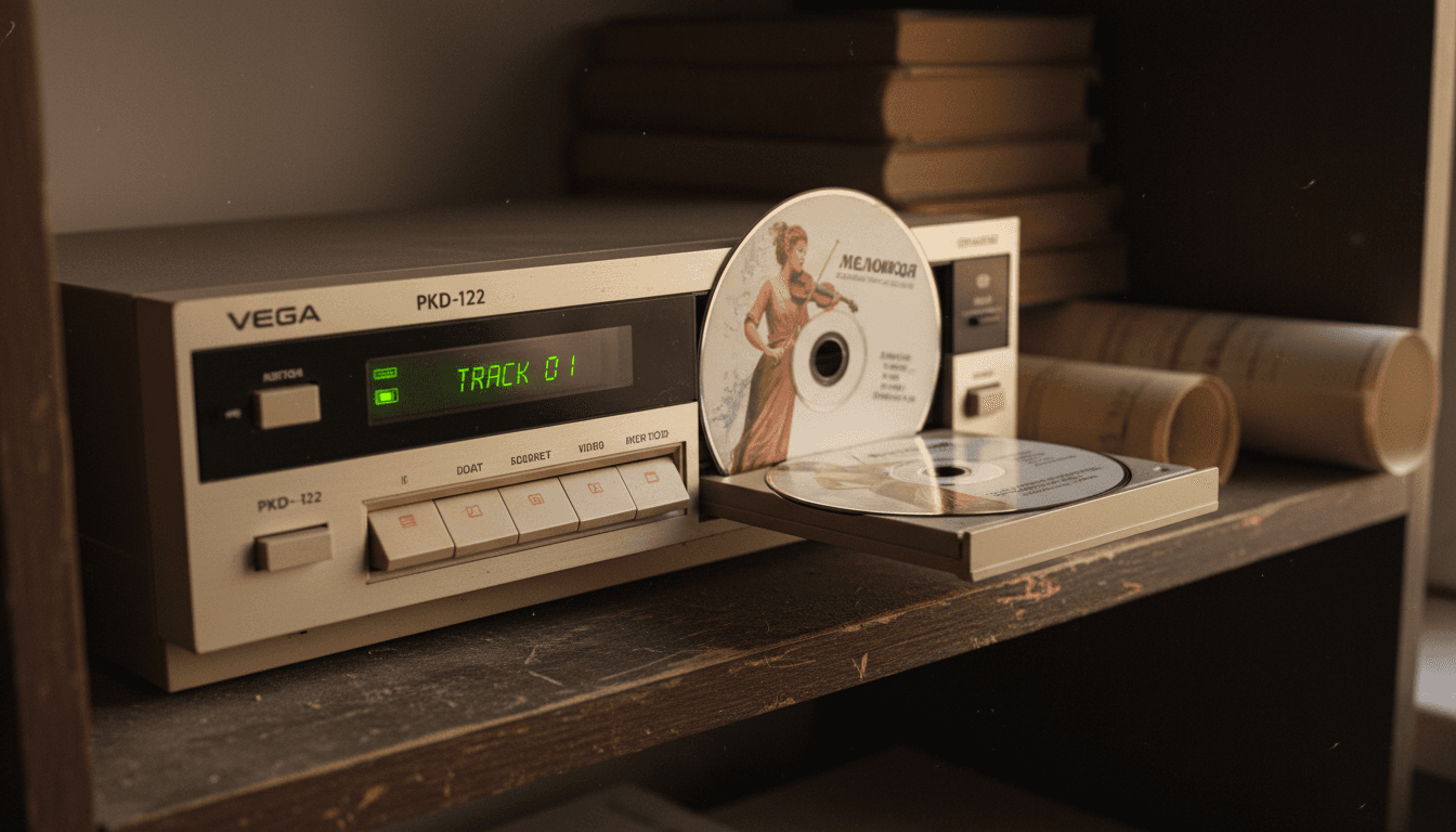 A vintage Soviet CD player, the Vega PKD-122, with a Soviet-produced CD under the Melodiya brand, highlighting the unique history of Soviet CD players and CDs.