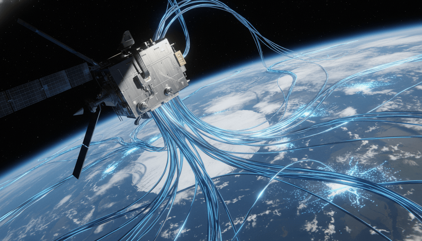 A satellite dish on a remote mountaintop connected by a beam of light to a stylized globe, symbolizing how 5G Non-Terrestrial Networks Enable Ubiquitous Global Connectivity.