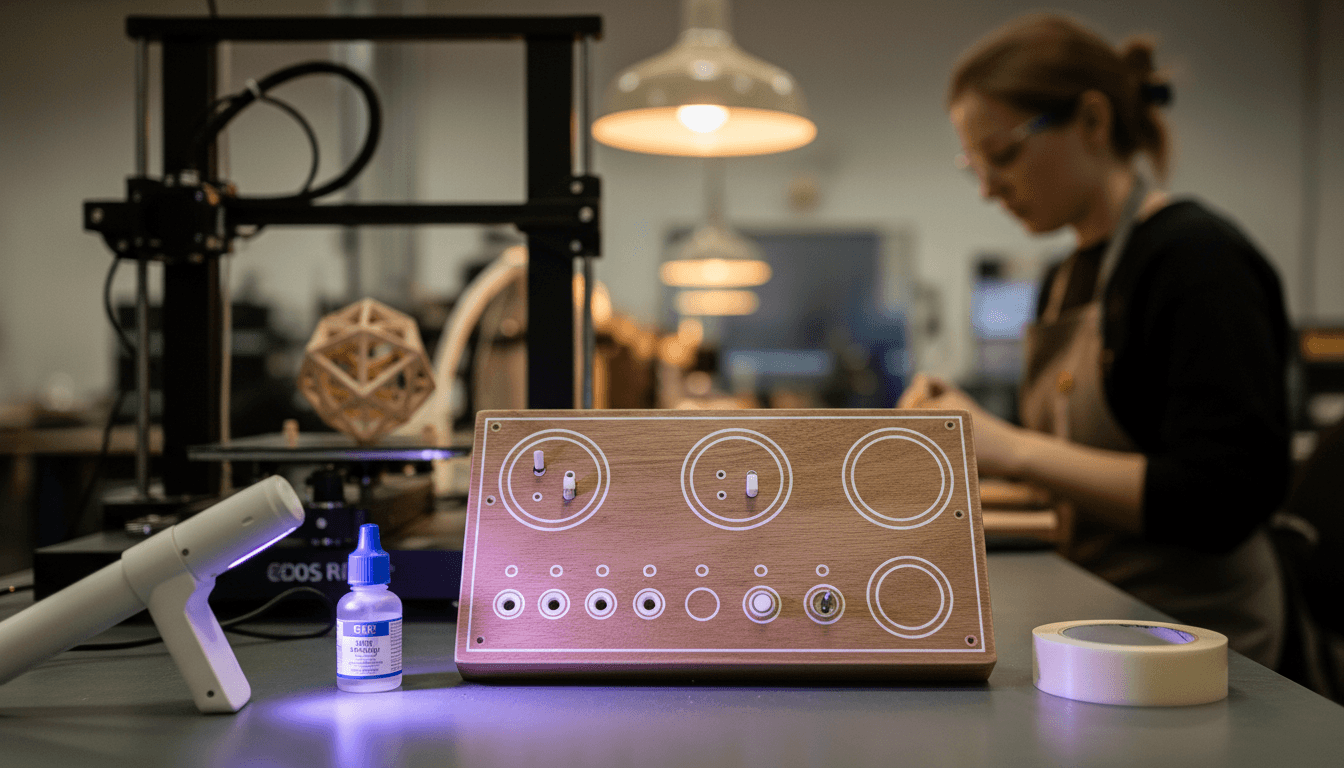 Close-up of a plywood instrument panel featuring faintly-raised, clean-edged drill guides and labeling created with UV resin.