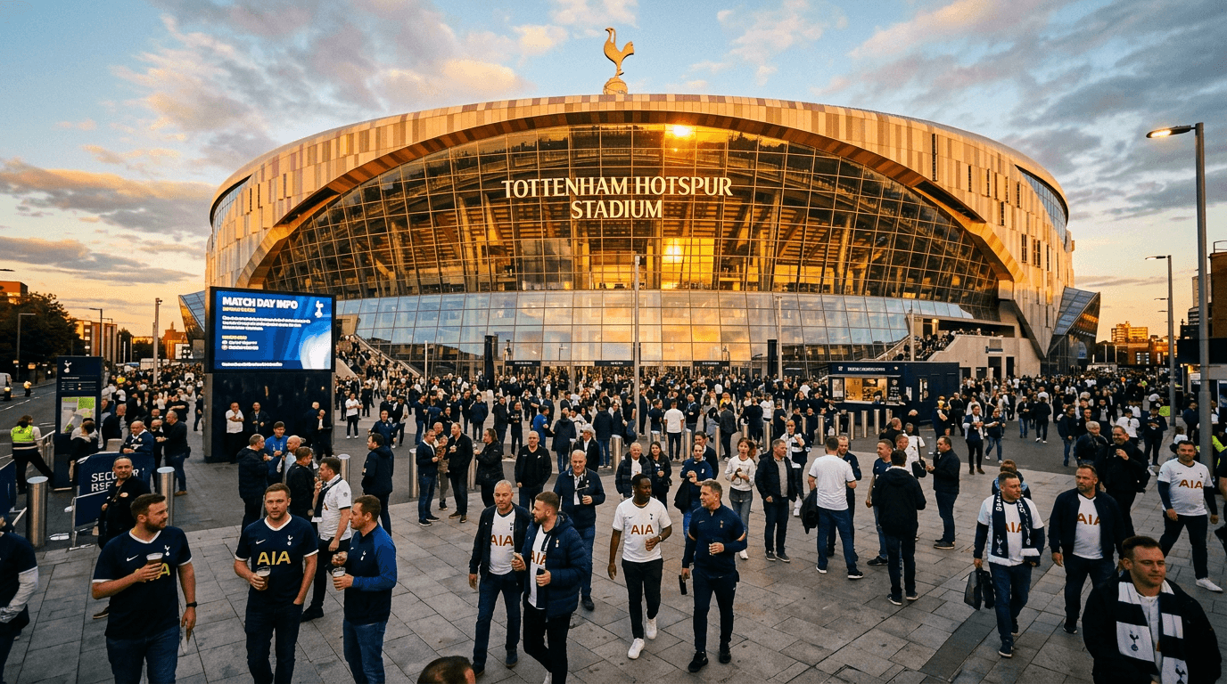 A wide shot of the stadium during a match highlighting the Tottenham relegation financial hit risk.