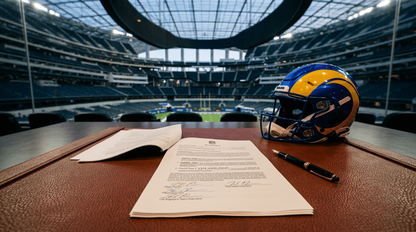 A Los Angeles Rams helmet next to a signed contract for the Trent McDuffie extension.