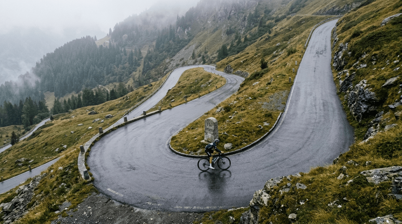 A high-performance racing bike on a mountain road representing the Ineos Grenadiers sponsorship impact.