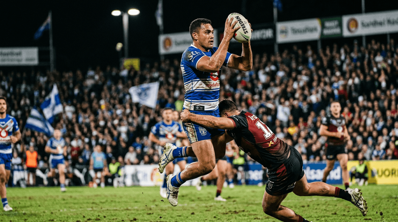 A rugby league player mid-action during a high-stakes NRL rights deal era match