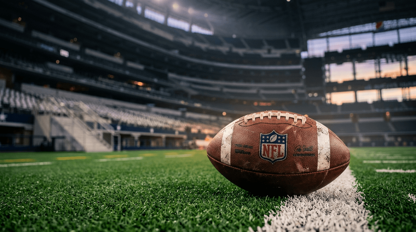 An atmospheric, dimly lit wide shot of a vast, empty professional sports stadium in Dallas at dusk, conveying the solemn magnitude of the Dallas pro sports investment.