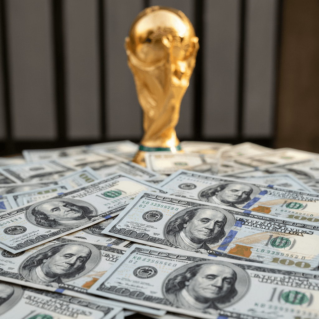 Close-up detail of a FIFA World Cup trophy, slightly out of focus in the background, with a stack of crisp hundred-dollar bills clearly in focus in the foreground, suggesting a financial reduction.