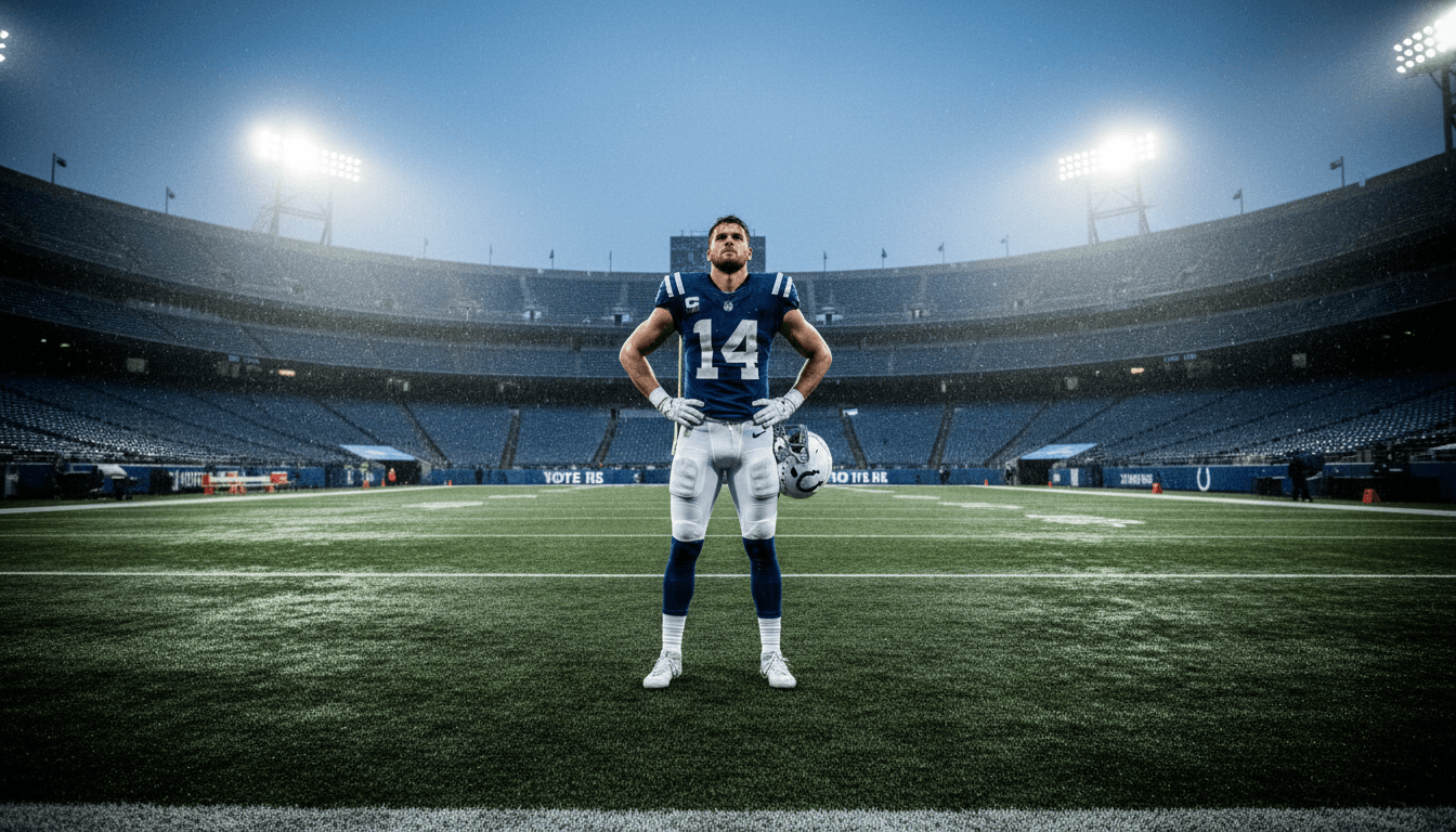 A solitary wide receiver, Alec Pierce, in a Colts uniform, stands on a dimly lit football field during a late evening practice, rain lightly falling, emphasizing the quiet commitment behind his new Alec Pierce contract.