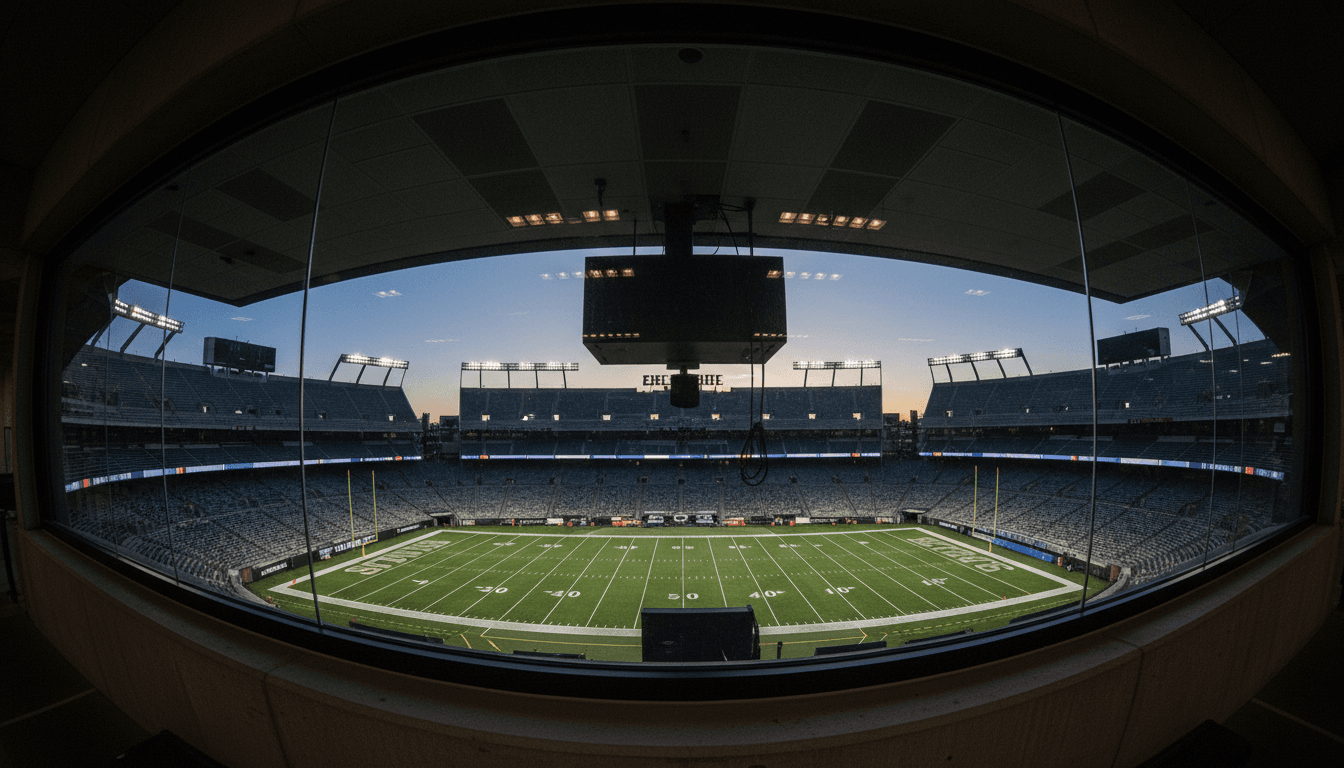 An empty NFL broadcast booth overlooking a dimly lit stadium, hinting at the future of a Travis Kelce broadcast deal.