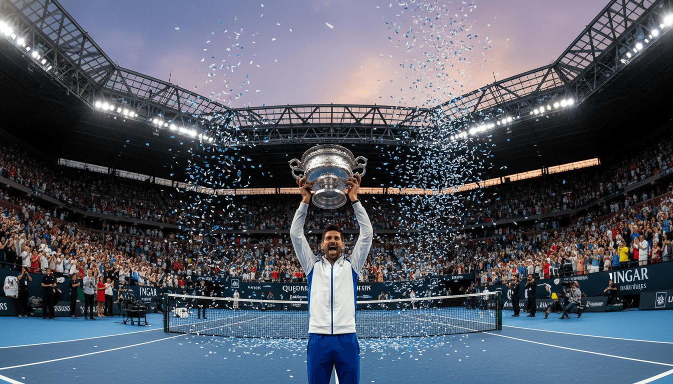 A wide shot of Novak Djokovic holding a trophy after winning one of his Djokovic Grand Slams on a tennis court, with the stadium and crowd in the background.