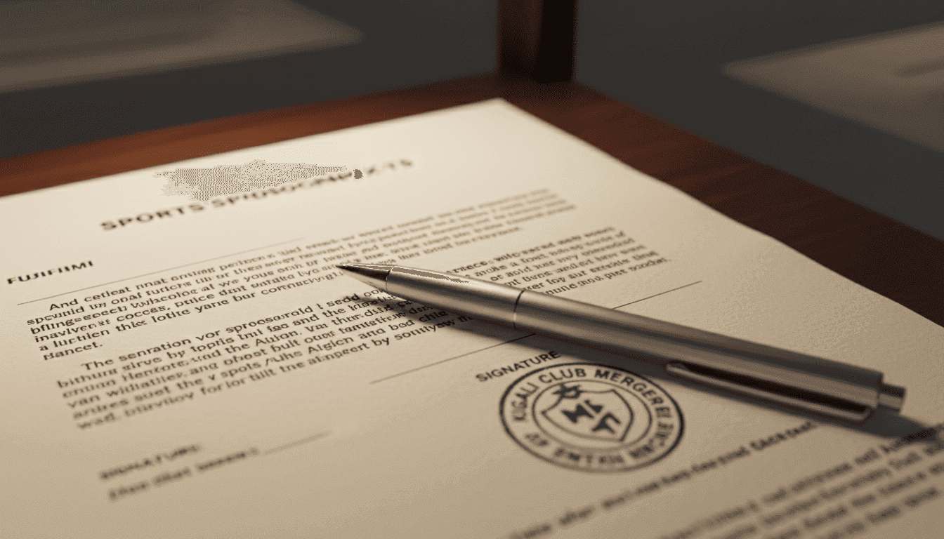 Close-up of a signed sports sponsorship contract, with a pen resting on the signature line, symbolizing the dramatic Kigali Club Merger's collision with existing financial agreements.