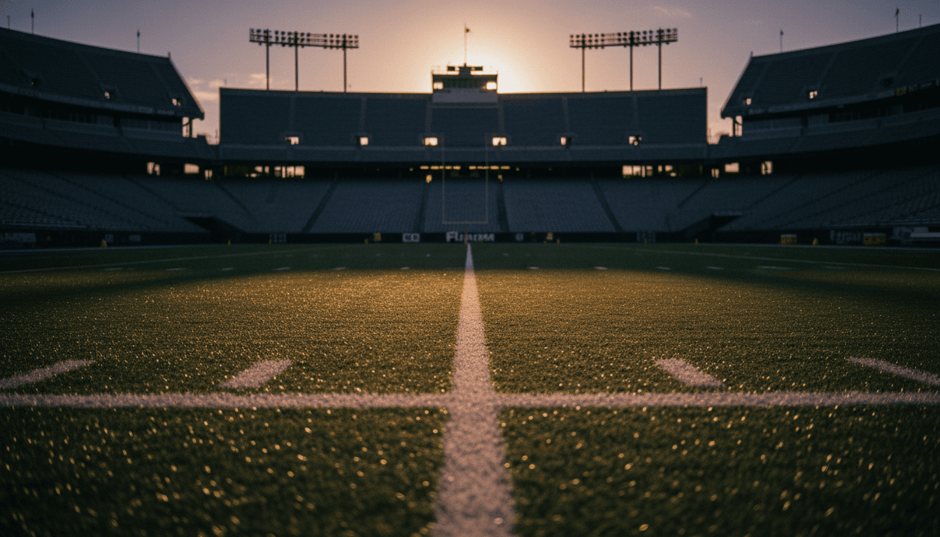 A dimly lit football stadium at dusk, focusing on the empty offensive line positions on the field, symbolizing the strategic implications of the Connor McGovern deal.
