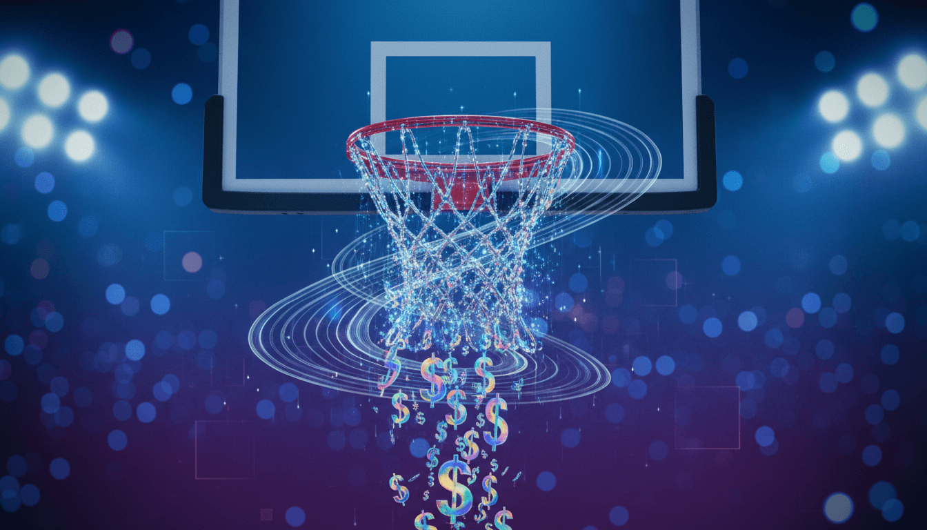 A stylized graphic representing the March Madness broadcast rights deal, showing a basketball net intertwined with dollar signs and broadcast waves, symbolizing the convergence of sport and media finance.