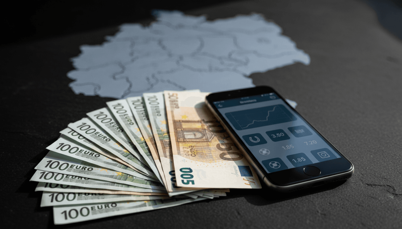 A collection of items representing the German black market spending: a stack of euro banknotes, a generic smartphone displaying a dark, unbranded betting interface, and a small, blurred map of Germany in the background, all arranged on a dark, textured surface.