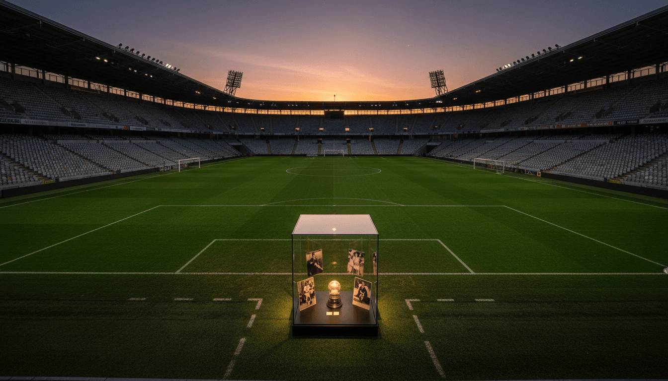 An empty, grand football stadium under dramatic twilight, conveying the immense commercial potential of record FIFA revenue.