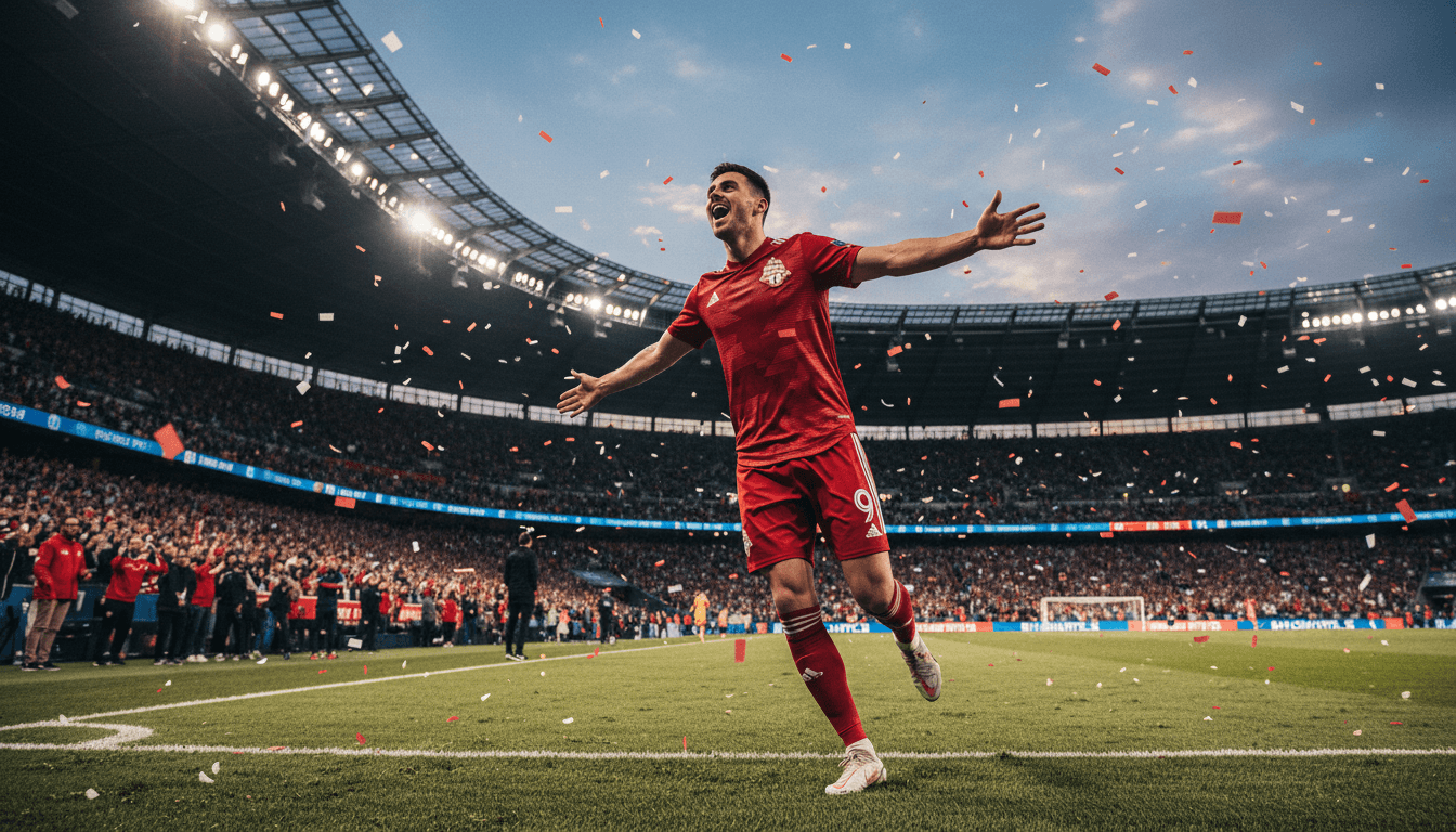 Josh Sargent in a Toronto FC jersey celebrating a goal, highlighting the Blockbuster Josh Sargent Transfer.