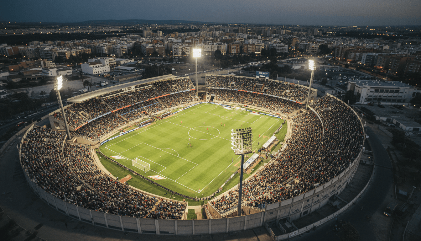 Aerial view of the Estadio de los Juegos Mediterráneos, UD Almeria's home ground, during a match, highlighting the Cristiano Ronaldo Almeria loss context.