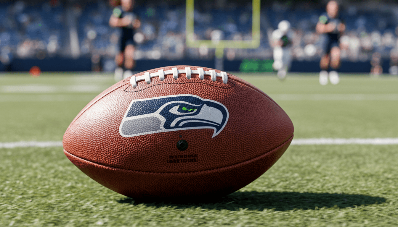 Close-up of a football with the Seattle Seahawks logo, symbolizing the Jaxon Smith-Njigba contract update and the financial commitment to a key player.