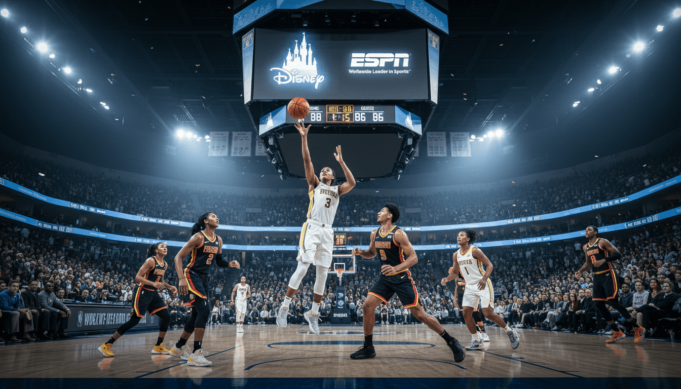 A dynamic shot of a packed basketball arena during a critical game, with the Massive Disney Sports Opportunity logo subtly integrated into the digital scoreboard.