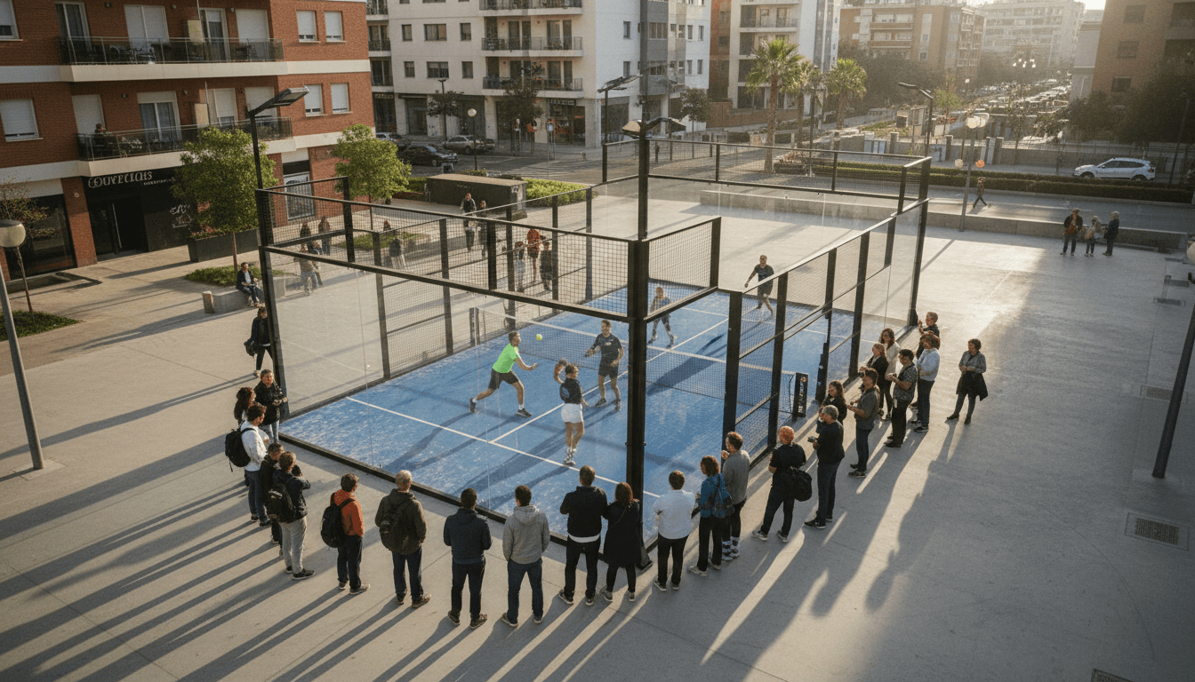 A candid, street-level shot of a lively padel court with players mid-game, showcasing the unique glass walls and mesh fencing, emphasizing the social and dynamic nature of the Pro Padel League investment in US sports.