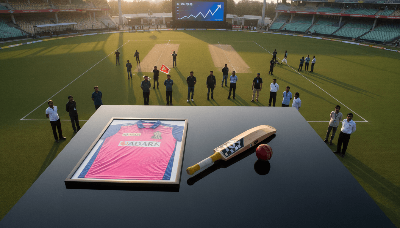 A cricket bat and ball next to a framed jersey of the Rajasthan Royals, with financial charts depicting the Rajasthan Royals valuation in the background.