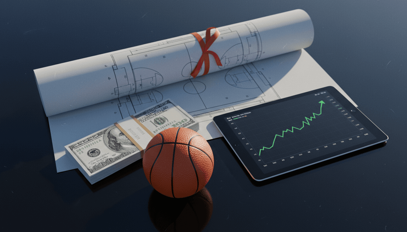 A detailed still life composition featuring a miniature basketball, a stack of crisp $100 bills, a stylized blueprint of a modern arena, and a digital tablet displaying a rising stock market graph, all arranged on a polished mahogany desk to represent the NBA expansion fee.