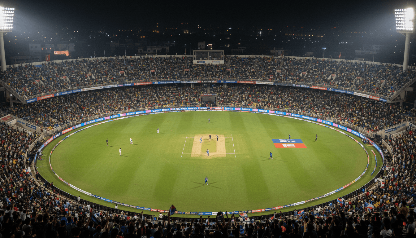 Aerial view of a packed IPL cricket stadium at night with bright floodlights illuminating the pitch and stands, showcasing the scale of IPL team valuations.