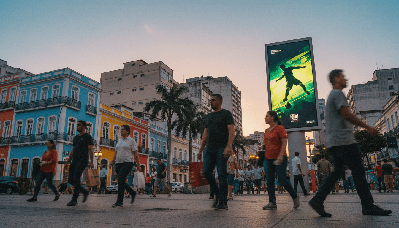 A bustling street scene in Rio de Janeiro with a large digital billboard advertising sports betting, reflecting the Brazil betting market expansion.