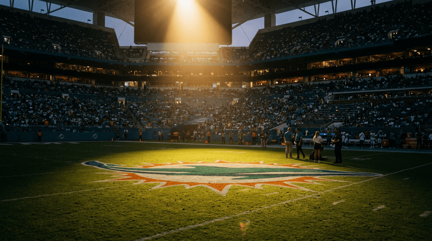 A stylized football field with a spotlight on the goalpost, representing a 125 million Dolphins investment.