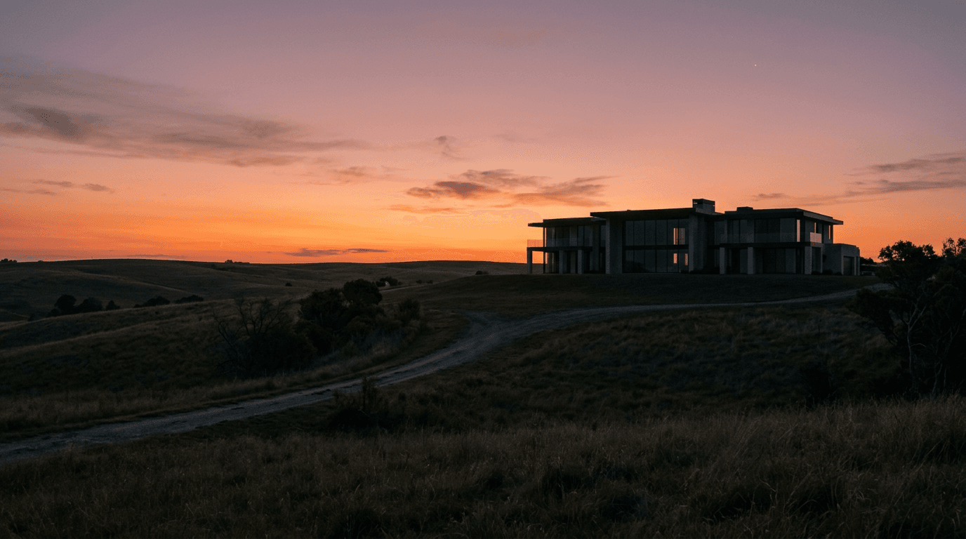 A solitary, grand mansion silhouetted against a dramatic sunset, symbolizing the global billionaire ranks revealed by Forbes.