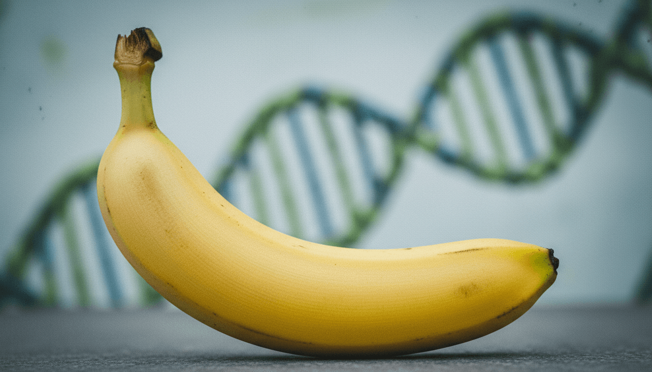 A close-up of a perfectly formed, vibrant yellow gene-tweaked banana, symbolizing the innovation of the gene-tweaked banana startup.