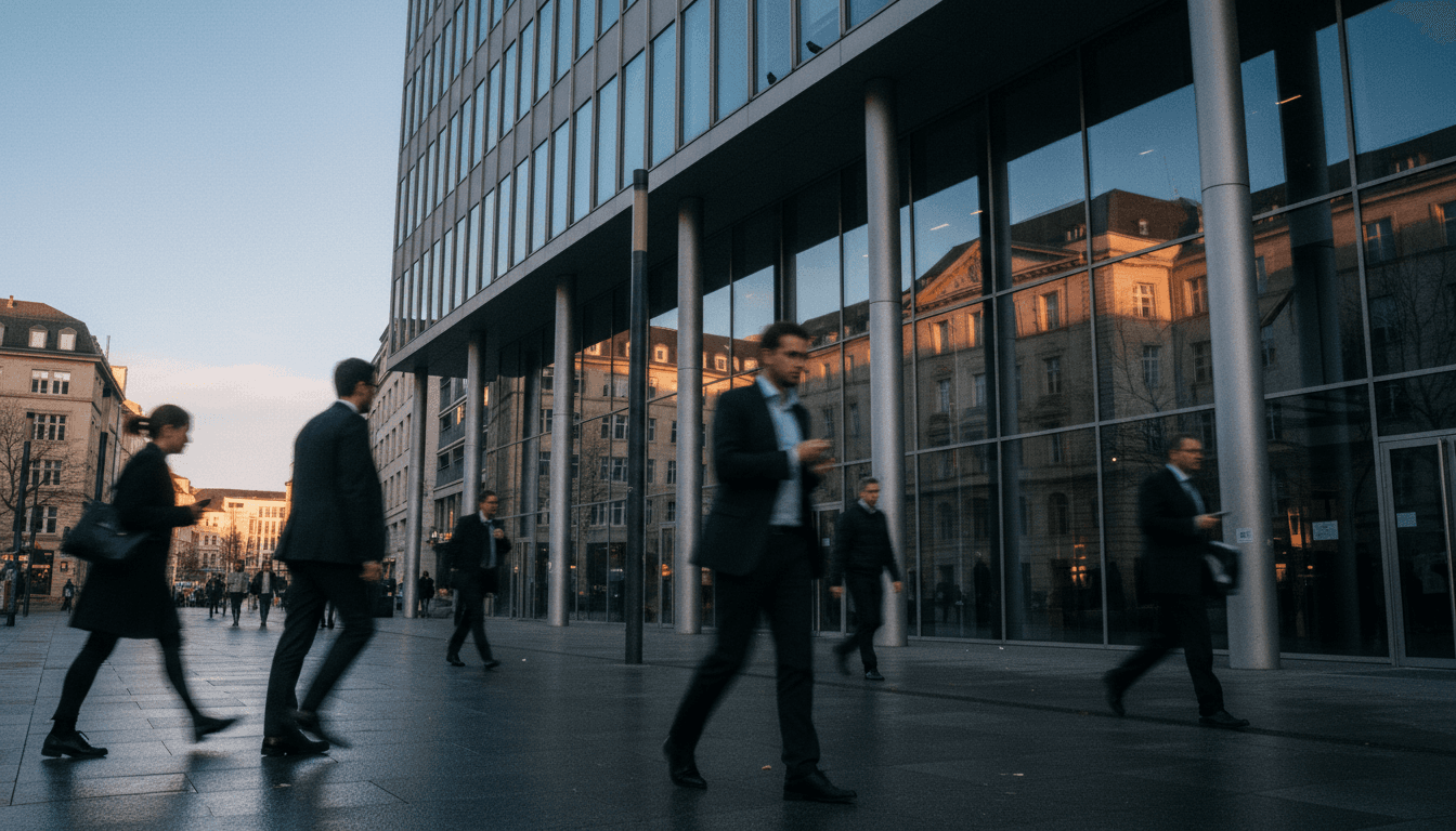 Frankfurt Stock Exchange building facade at dawn with sunlight hitting the glass, representing the Vincorion German IPO.