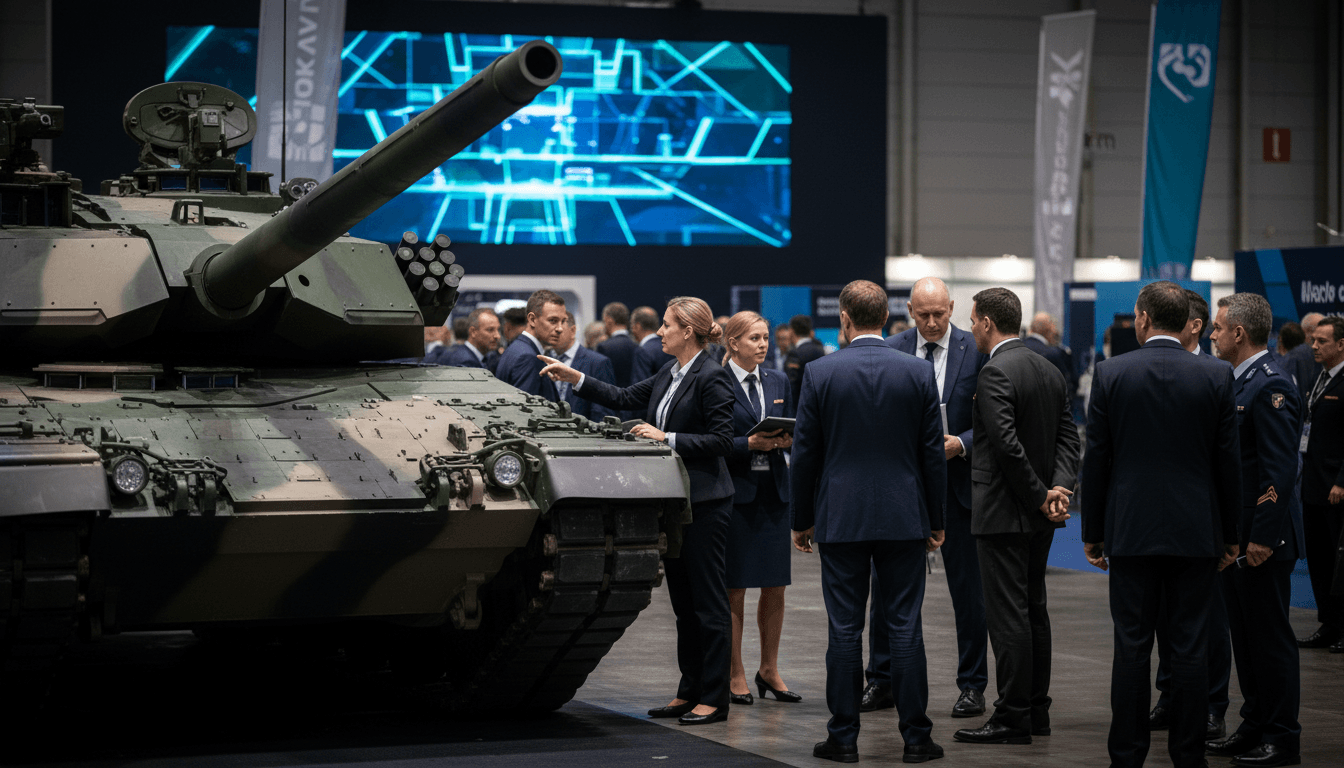 A modern KNDS main battle tank, possibly a Leopard 2 or Leclerc variant, on display at a defense exhibition, with the KNDS IPO logo subtly integrated into the background branding.