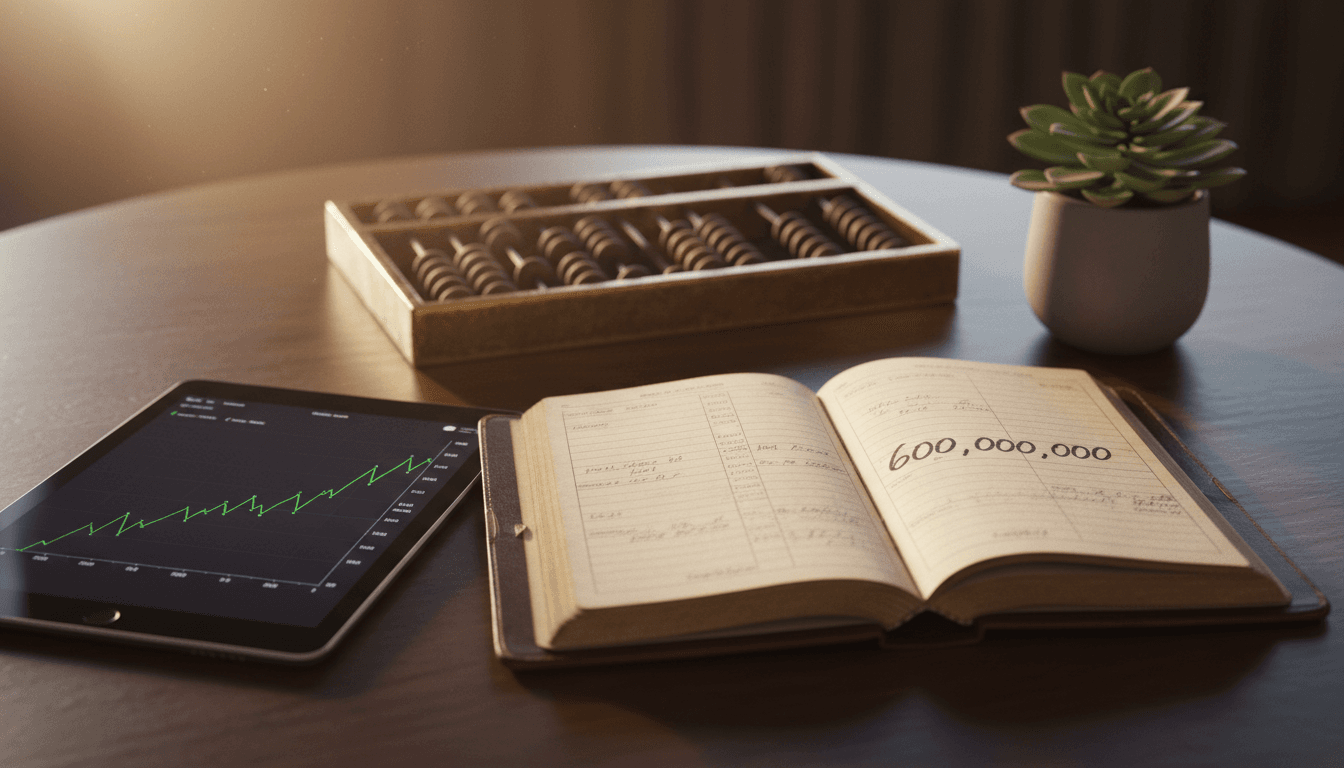 A meticulously arranged still life featuring a stylized '600 Million' financial ledger, a vintage abacus, a modern tablet displaying growth charts, and a single, blooming succulent symbolizing stunning business success and growth.