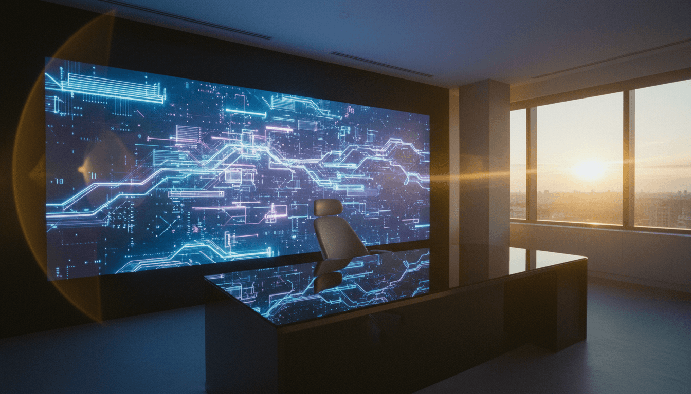 A futuristic, minimalist office space with 'AI Investors' subtly etched on a glass wall, reflecting the glow of a large digital screen displaying abstract AI data visualizations.