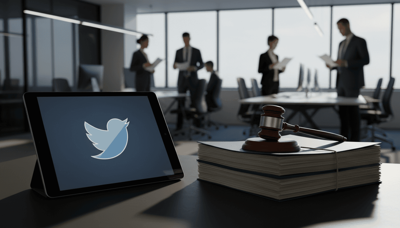 A stylized representation of the Twitter bird logo on a digital screen, with legal documents and a gavel subtly in the background, signifying the impending trial related to the Twitter deal.