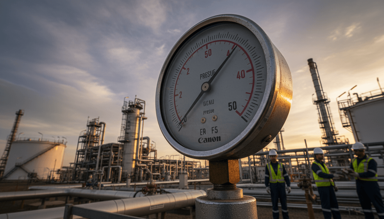 Close-up of a pressure gauge on a large industrial pipe within an LNG processing plant, symbolizing the Qatar energy revenue rebound.